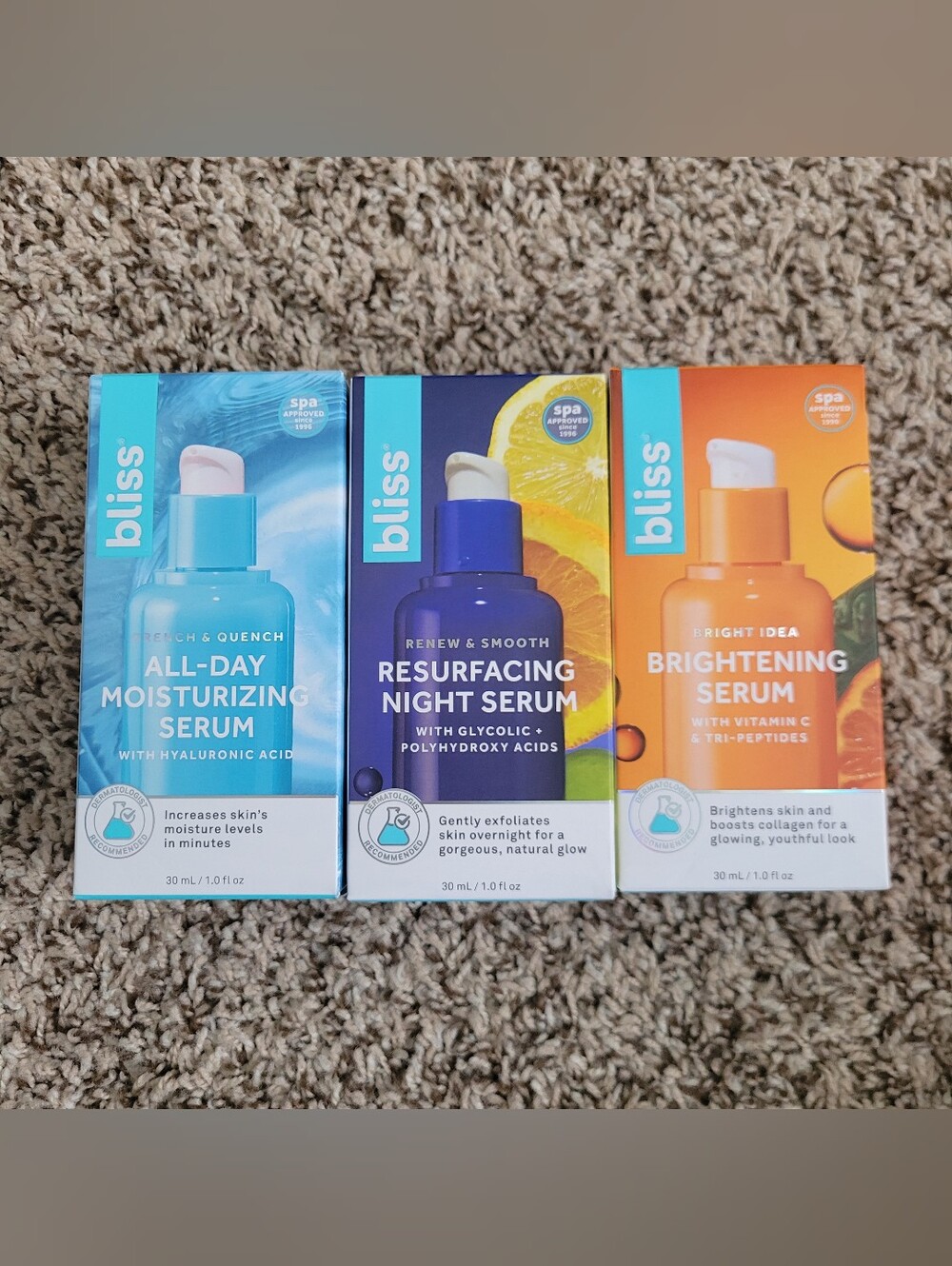 Bliss Serum Set Bundle Moisturizing Resurfacing Brightening Full Size NWT